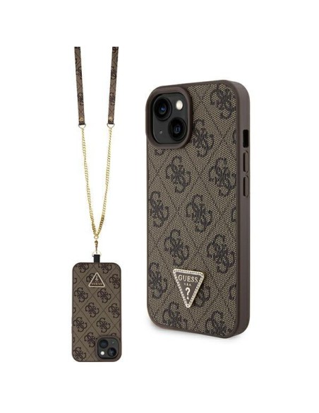 Guess Crossbody 4G metalinis logotipo dėklas iPhone 15 - rudas