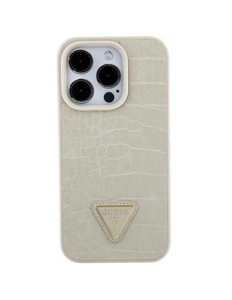 Guess Croco Triangle Metal Logo dėklas iPhone 15 - auksinis Guess Croco Triangle Metal Logo dėklas iPhone 15 - auksinis