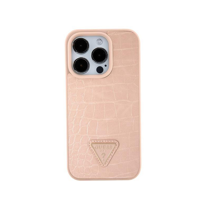 Guess Croco Triangle Metal Logo dėklas iPhone 15 - rožinis