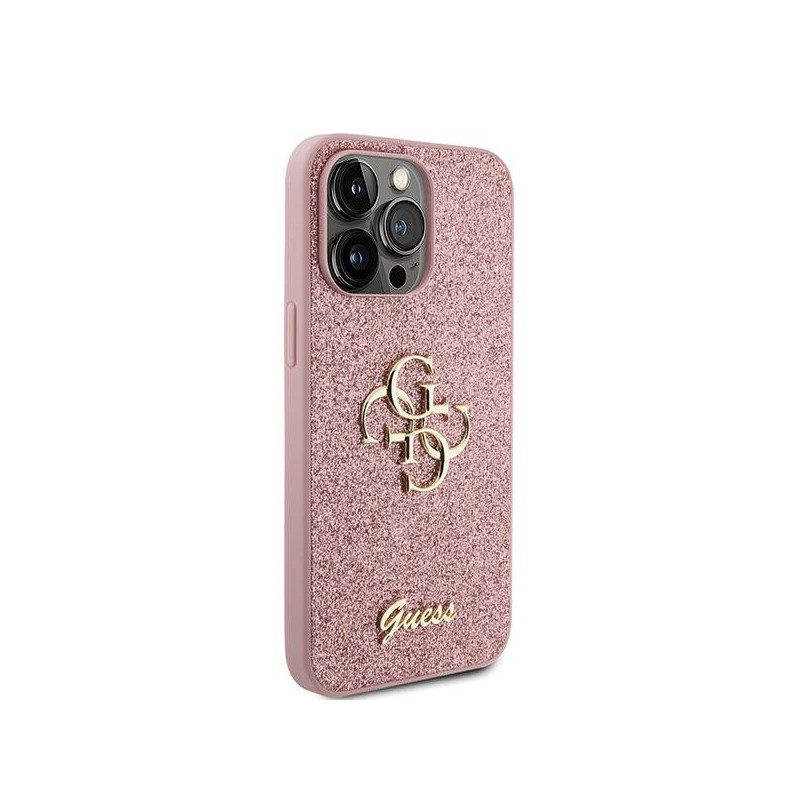 Guess Glitter Script Big 4G dėklas, skirtas iPhone 15 Pro Max - rožinis