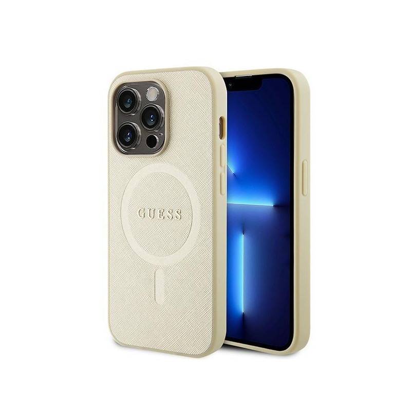 Guess Saffiano MagSafe dėklas iPhone 15 Pro - auksinis