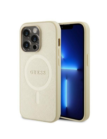 Guess Saffiano MagSafe dėklas iPhone 15 Pro - auksinis Guess Saffiano MagSafe dėklas iPhone 15 Pro - auksinis