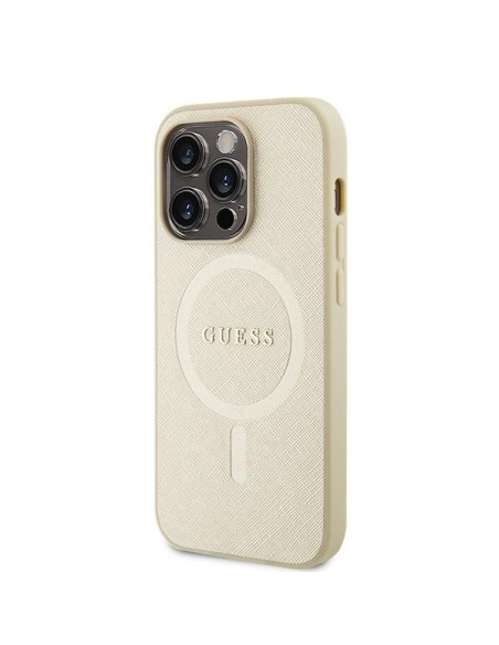 Guess Saffiano MagSafe dėklas iPhone 15 Pro - auksinis Guess Saffiano MagSafe dėklas iPhone 15 Pro - auksinis