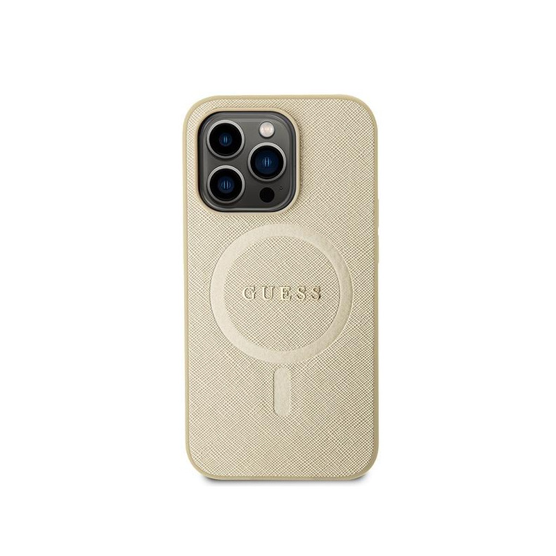 Guess Saffiano MagSafe dėklas iPhone 15 Pro - auksinis