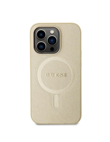 Guess Saffiano MagSafe dėklas iPhone 15 Pro - auksinis Guess Saffiano MagSafe dėklas iPhone 15 Pro - auksinis