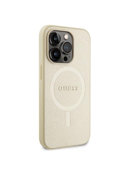 Guess Saffiano MagSafe dėklas iPhone 15 Pro - auksinis Guess Saffiano MagSafe dėklas iPhone 15 Pro - auksinis