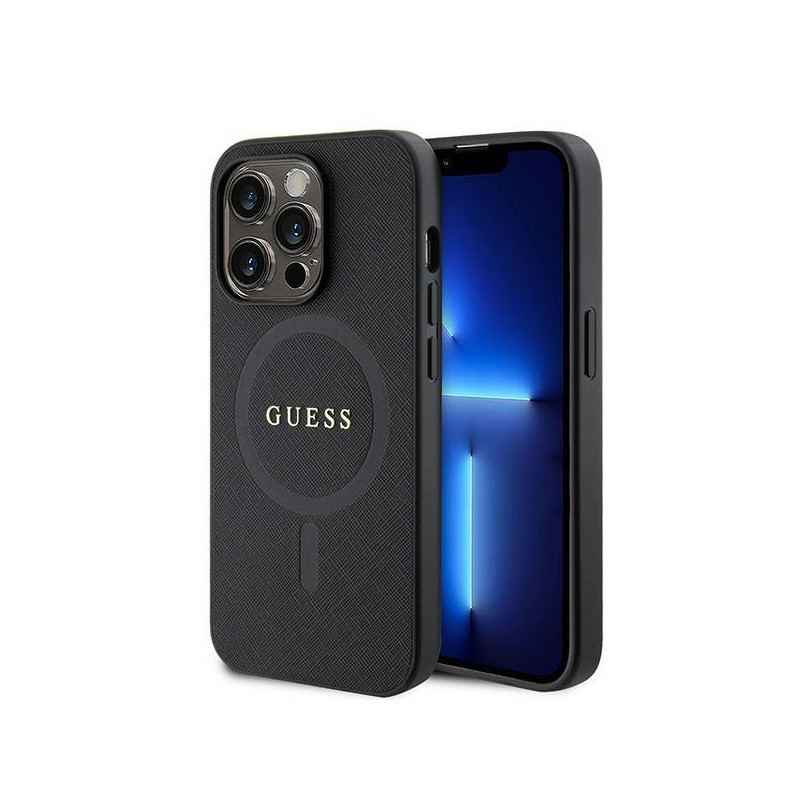 Guess Saffiano MagSafe dėklas iPhone 15 Pro - juodas