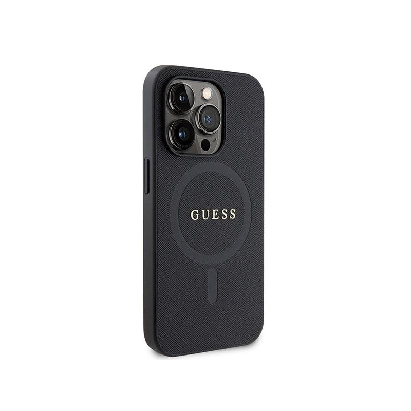 Guess Saffiano MagSafe dėklas iPhone 15 Pro - juodas