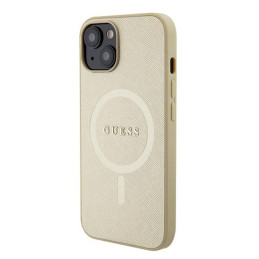 Guess Saffiano MagSafe dėklas iPhone 15 Plus - auksinis