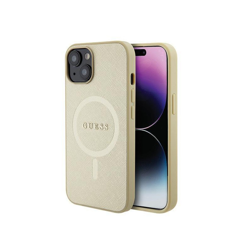 Guess Saffiano MagSafe dėklas iPhone 15 - auksinis Guess Saffiano MagSafe dėklas iPhone 15 - auksinis