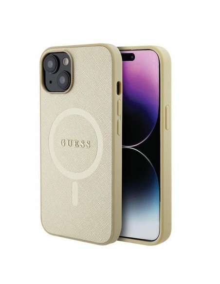 Guess Saffiano MagSafe dėklas iPhone 15 - auksinis Guess Saffiano MagSafe dėklas iPhone 15 - auksinis