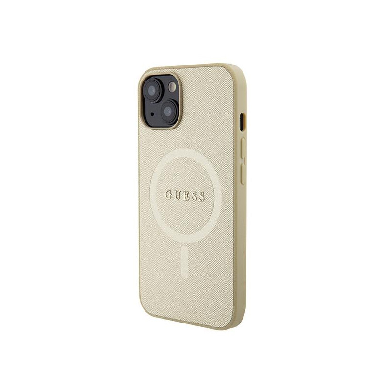 Guess Saffiano MagSafe dėklas iPhone 15 - auksinis
