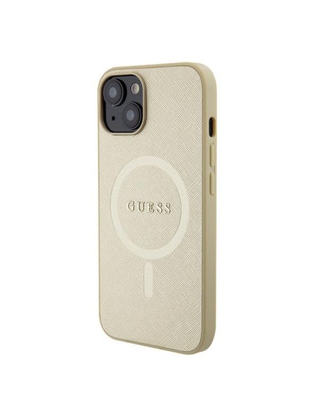 Guess Saffiano MagSafe dėklas iPhone 15 - auksinis Guess Saffiano MagSafe dėklas iPhone 15 - auksinis