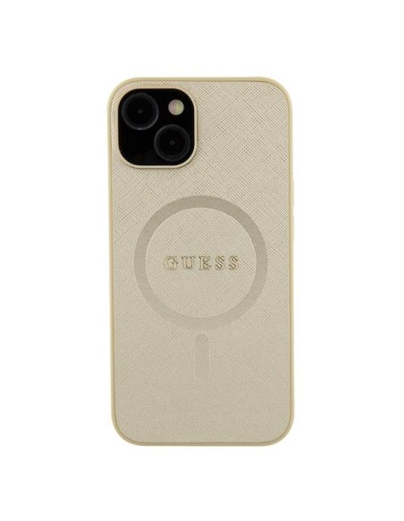 Guess Saffiano MagSafe dėklas iPhone 15 - auksinis Guess Saffiano MagSafe dėklas iPhone 15 - auksinis