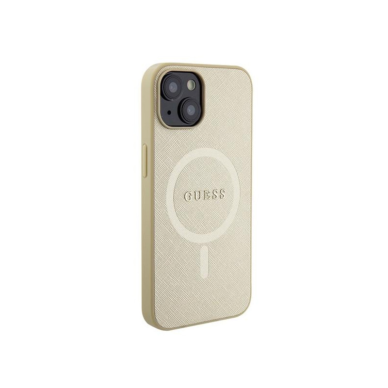 Guess Saffiano MagSafe dėklas iPhone 15 - auksinis