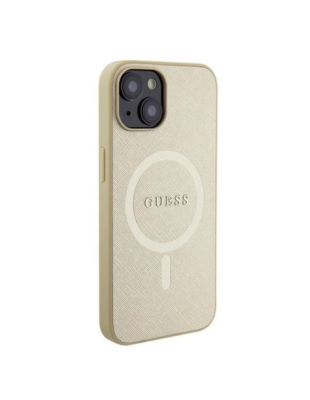 Guess Saffiano MagSafe dėklas iPhone 15 - auksinis Guess Saffiano MagSafe dėklas iPhone 15 - auksinis