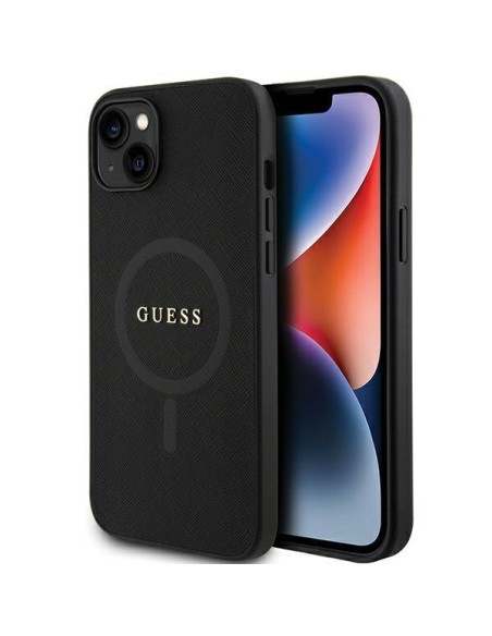Guess Saffiano MagSafe dėklas iPhone 15 - juodas Guess Saffiano MagSafe dėklas iPhone 15 - juodas