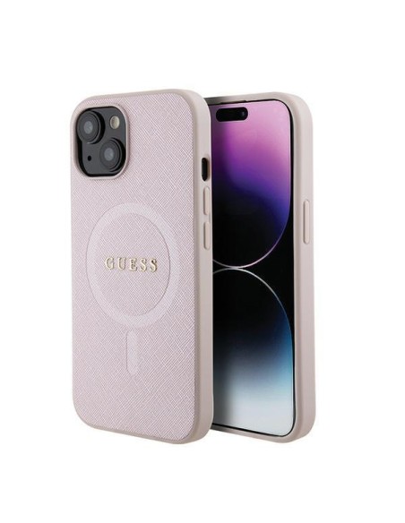 Guess Saffiano MagSafe dėklas iPhone 15 - rožinis Guess Saffiano MagSafe dėklas iPhone 15 - rožinis