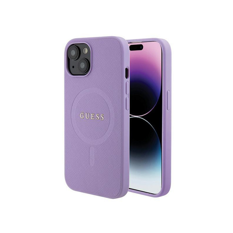 Guess Saffiano MagSafe dėklas iPhone 15 - violetinis