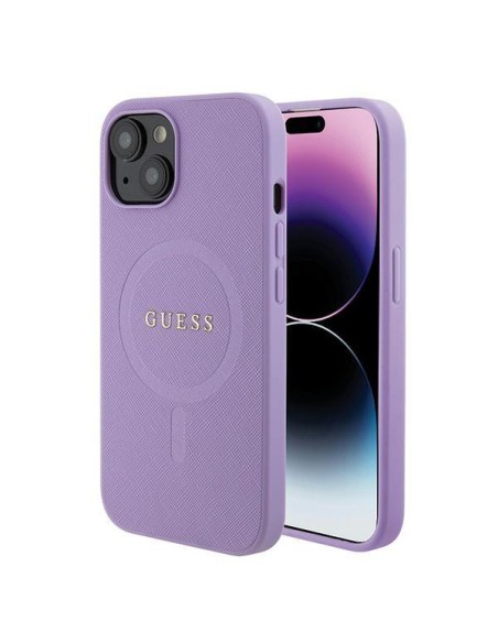 Guess Saffiano MagSafe dėklas iPhone 15 - violetinis