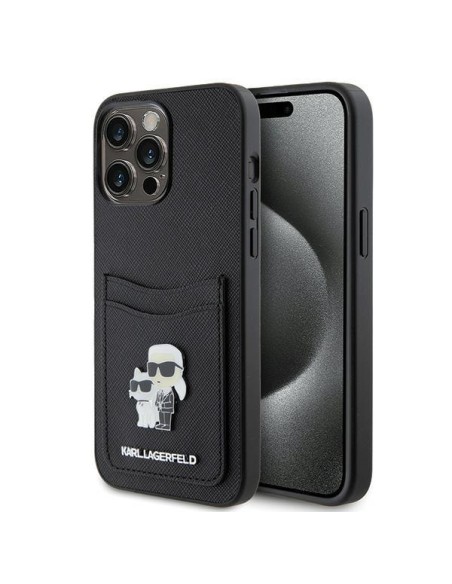 Karl Lagerfeld Saffiano Cardslot KC Metal Pin dėklas iPhone 15 Pro Max - juodas Karl Lagerfeld Saffiano Cardslot KC Metal Pin dėklas iPhone 15 Pro Max - juodas