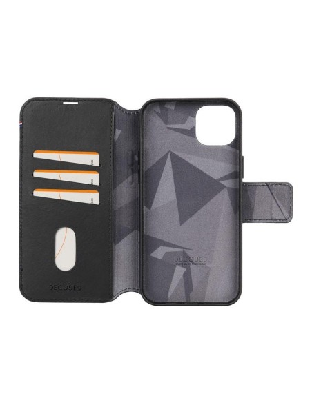 Dekoduotas nuimamas piniginės dėklas, odinis su MagSafe, skirtas iPhone 15 Plus – juodas