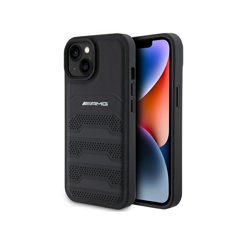 AMG Leather Debossed Lines dėklas, skirtas iPhone 15 Plus - juodas AMG Leather Debossed Lines dėklas, skirtas iPhone 15 Plus - juodas