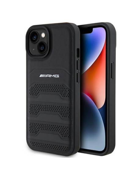 AMG Leather Debossed Lines dėklas, skirtas iPhone 15 Plus - juodas AMG Leather Debossed Lines dėklas, skirtas iPhone 15 Plus - juodas
