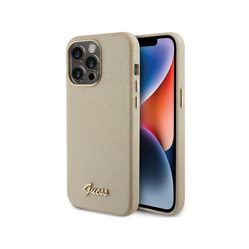 Guess Glitter Glossy Script dėklas iPhone 15 Pro - auksinis Guess Glitter Glossy Script dėklas iPhone 15 Pro - auksinis