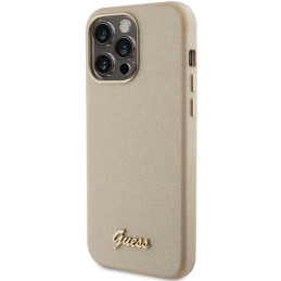 Guess Glitter Glossy Script dėklas iPhone 15 Pro - auksinis