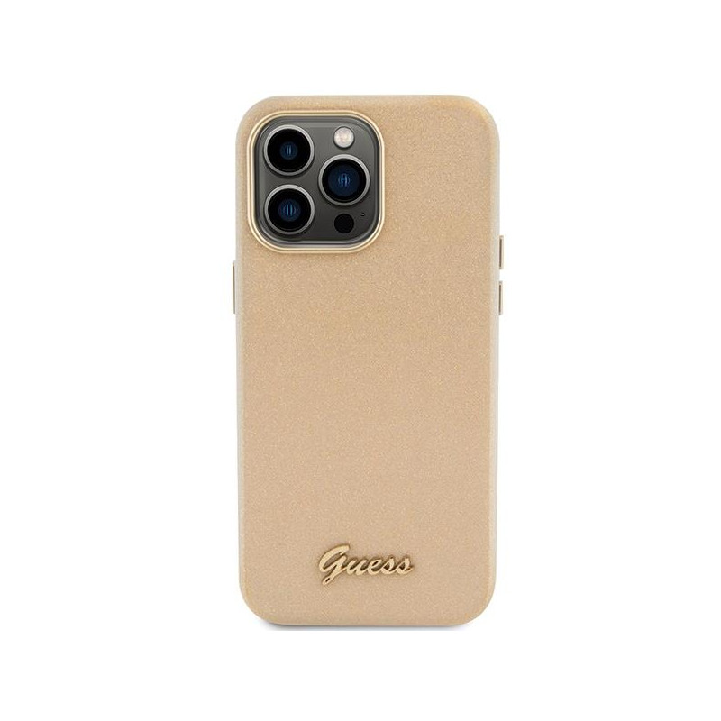 Guess Glitter Glossy Script dėklas iPhone 15 Pro - auksinis