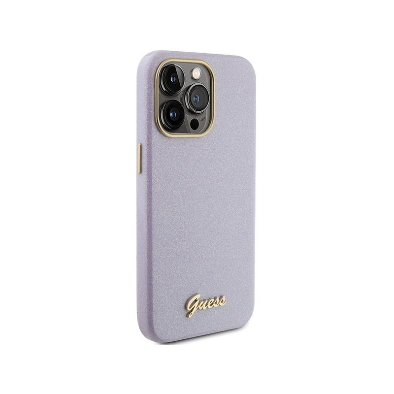 Guess Glitter Glossy Script dėklas, skirtas iPhone 15 Pro - alyvinė