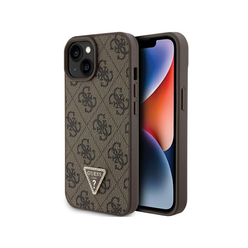 Guess Leather 4G Triangle Strass dėklas iPhone 15 - rudas