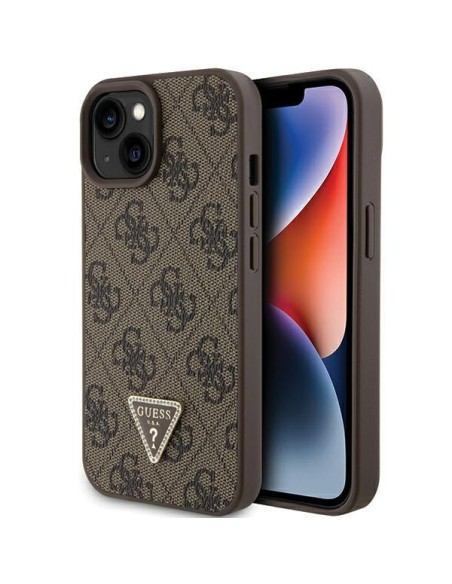 Guess Leather 4G Triangle Strass dėklas iPhone 15 - rudas Guess Leather 4G Triangle Strass dėklas iPhone 15 - rudas