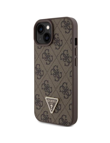 Guess Leather 4G Triangle Strass dėklas iPhone 15 - rudas Guess Leather 4G Triangle Strass dėklas iPhone 15 - rudas