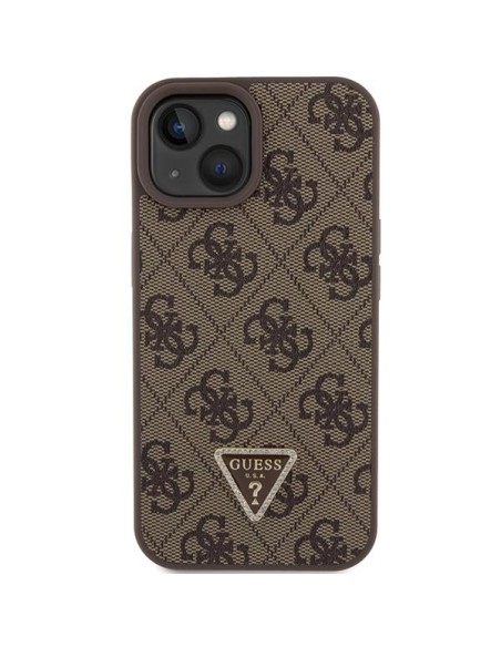 Guess Leather 4G Triangle Strass dėklas iPhone 15 - rudas Guess Leather 4G Triangle Strass dėklas iPhone 15 - rudas