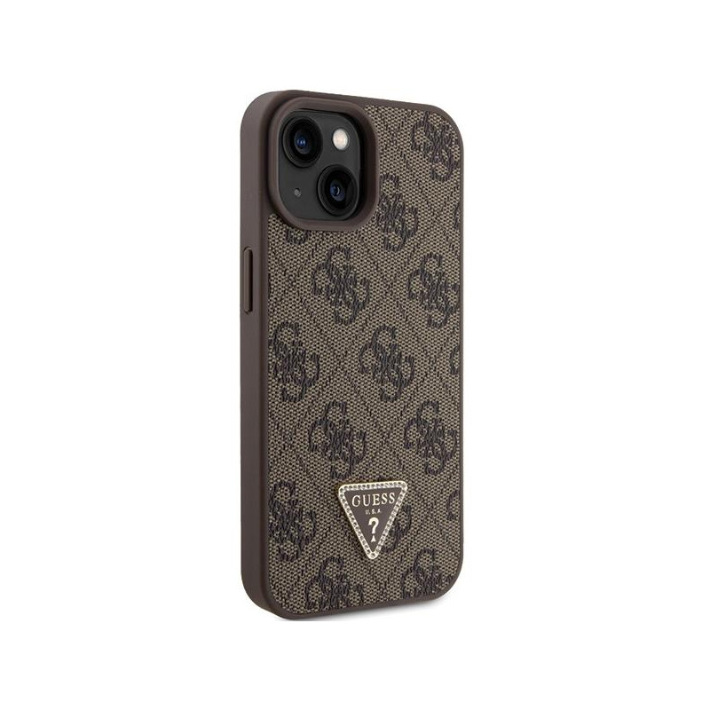 Guess Leather 4G Triangle Strass dėklas iPhone 15 - rudas