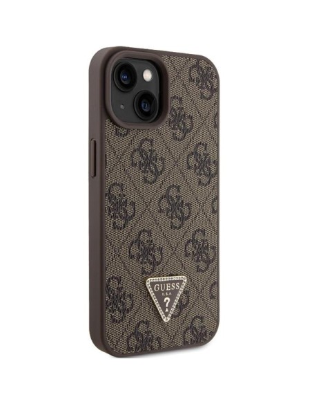 Guess Leather 4G Triangle Strass dėklas iPhone 15 - rudas Guess Leather 4G Triangle Strass dėklas iPhone 15 - rudas