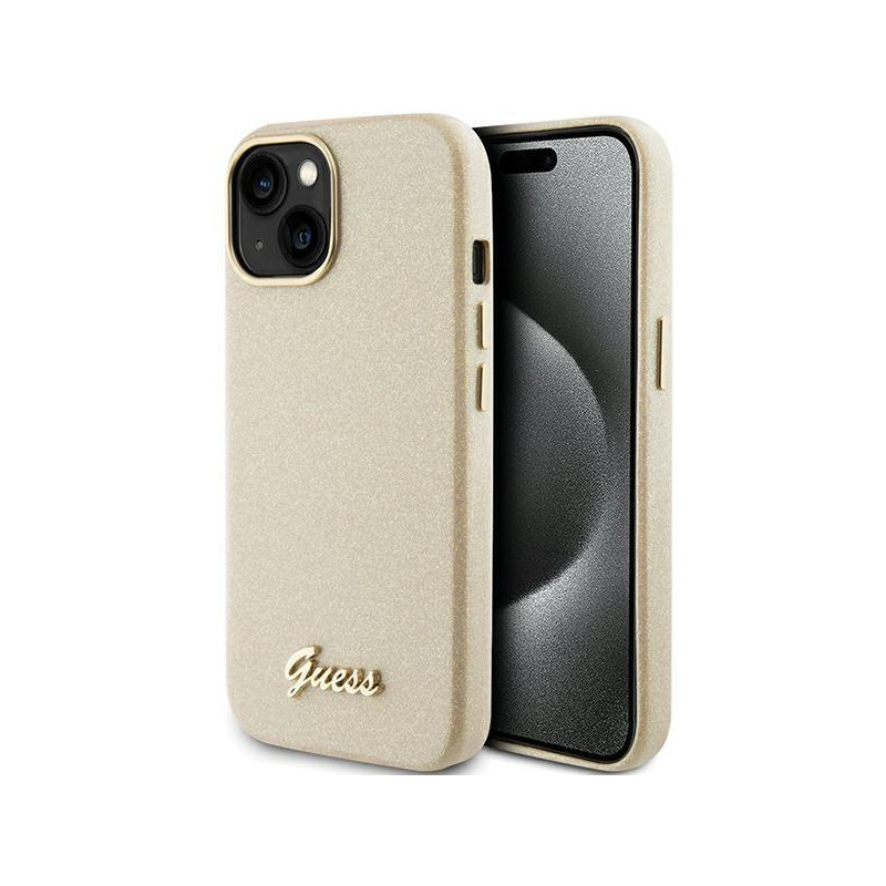Guess Glitter Glossy Script dėklas iPhone 15 - auksinis