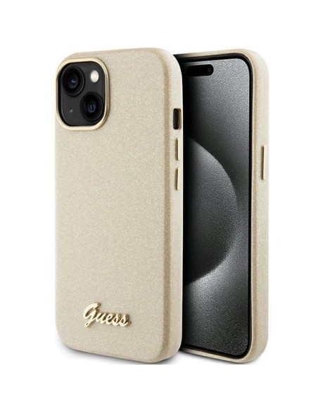 Guess Glitter Glossy Script dėklas iPhone 15 - auksinis Guess Glitter Glossy Script dėklas iPhone 15 - auksinis