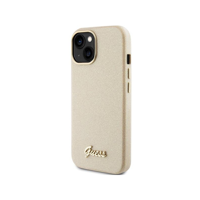Guess Glitter Glossy Script dėklas iPhone 15 - auksinis
