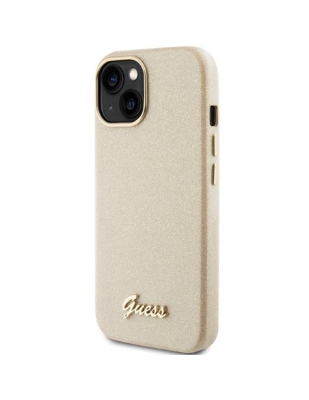 Guess Glitter Glossy Script dėklas iPhone 15 - auksinis Guess Glitter Glossy Script dėklas iPhone 15 - auksinis