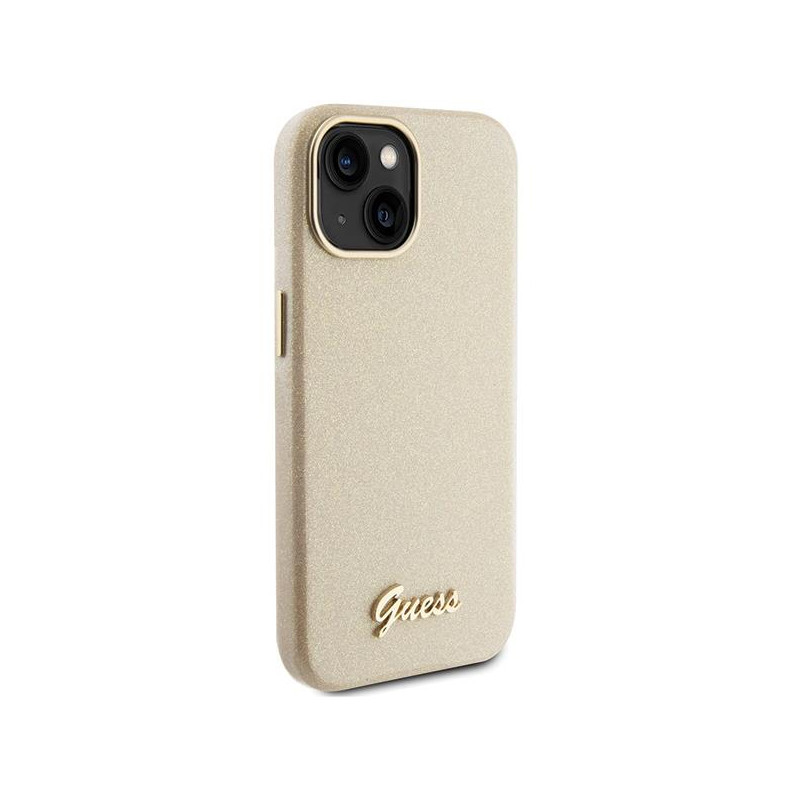 Guess Glitter Glossy Script dėklas iPhone 15 - auksinis