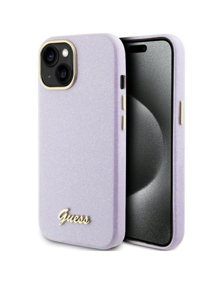 Guess Glitter Glossy Script dėklas, skirtas iPhone 15 - alyvinė