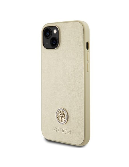 Guess Leather 4G Metal Logo Strass dėklas iPhone 15 - auksinis