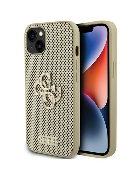 Guess Perforated 4G Glitter dėklas iPhone 15 - auksinis Guess Perforated 4G Glitter dėklas iPhone 15 - auksinis