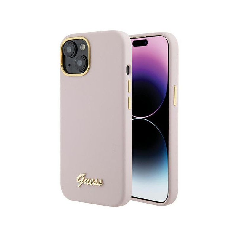 Guess Silicone Script Metal Logo & Frame dėklas iPhone 15 - rožinis Guess Silicone Script Metal Logo & Frame dėklas iPhone 15 - rožinis
