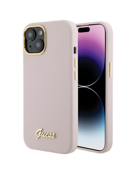 Guess Silicone Script Metal Logo & Frame dėklas iPhone 15 - rožinis Guess Silicone Script Metal Logo & Frame dėklas iPhone 15 - rožinis