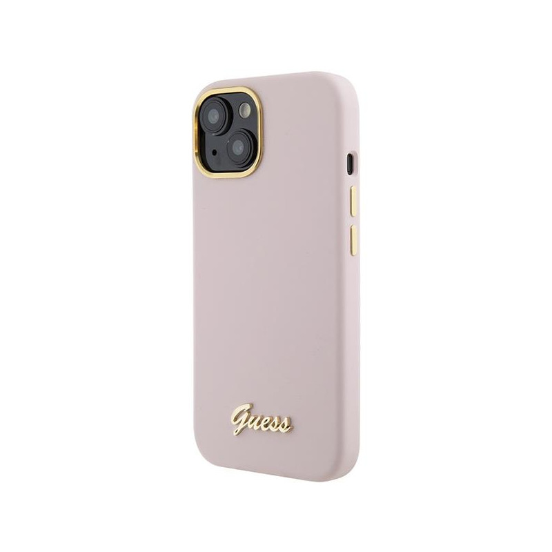 Guess Silicone Script Metal Logo & Frame dėklas iPhone 15 - rožinis