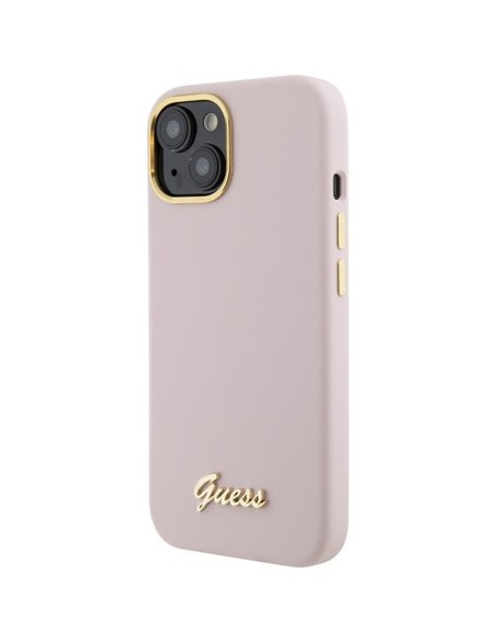 Guess Silicone Script Metal Logo & Frame dėklas iPhone 15 - rožinis Guess Silicone Script Metal Logo & Frame dėklas iPhone 15 - rožinis